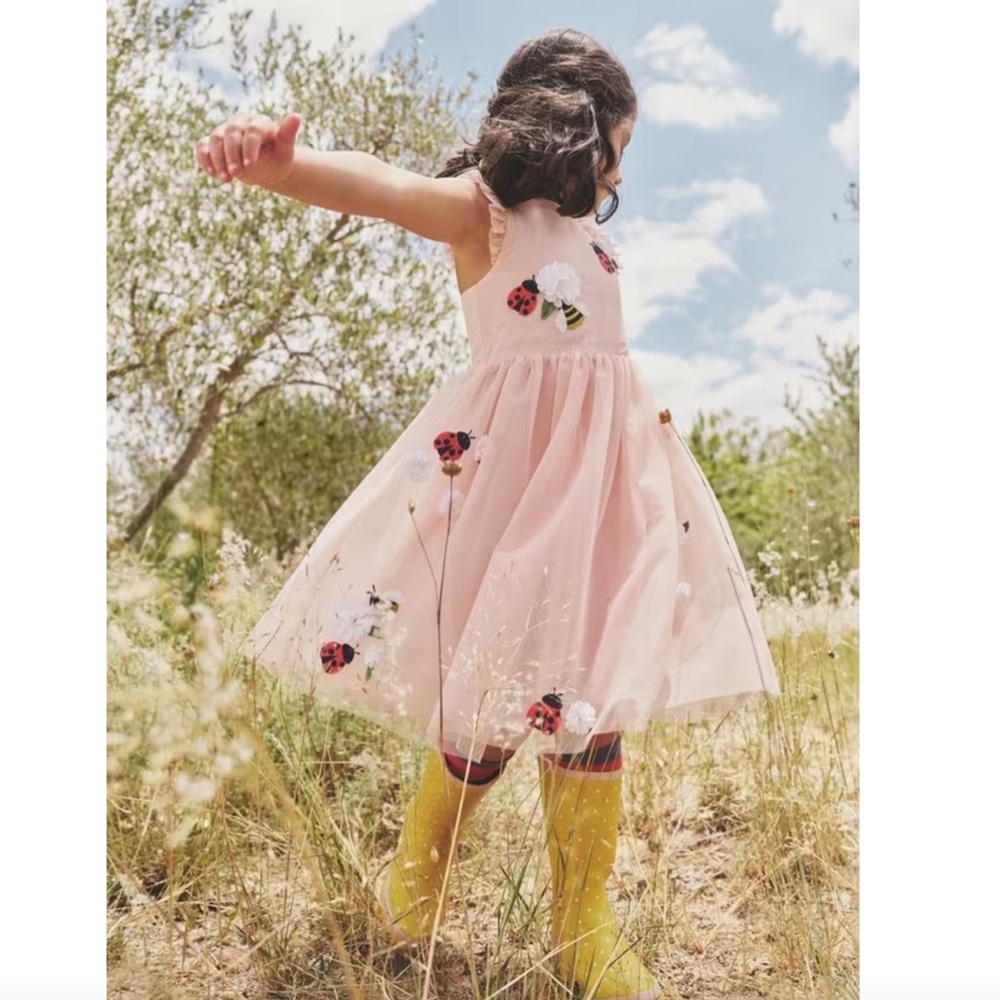 Mini Boden Kids' Ladybird & Bee Applique Tulle Dress, Dusty Pink Bugs